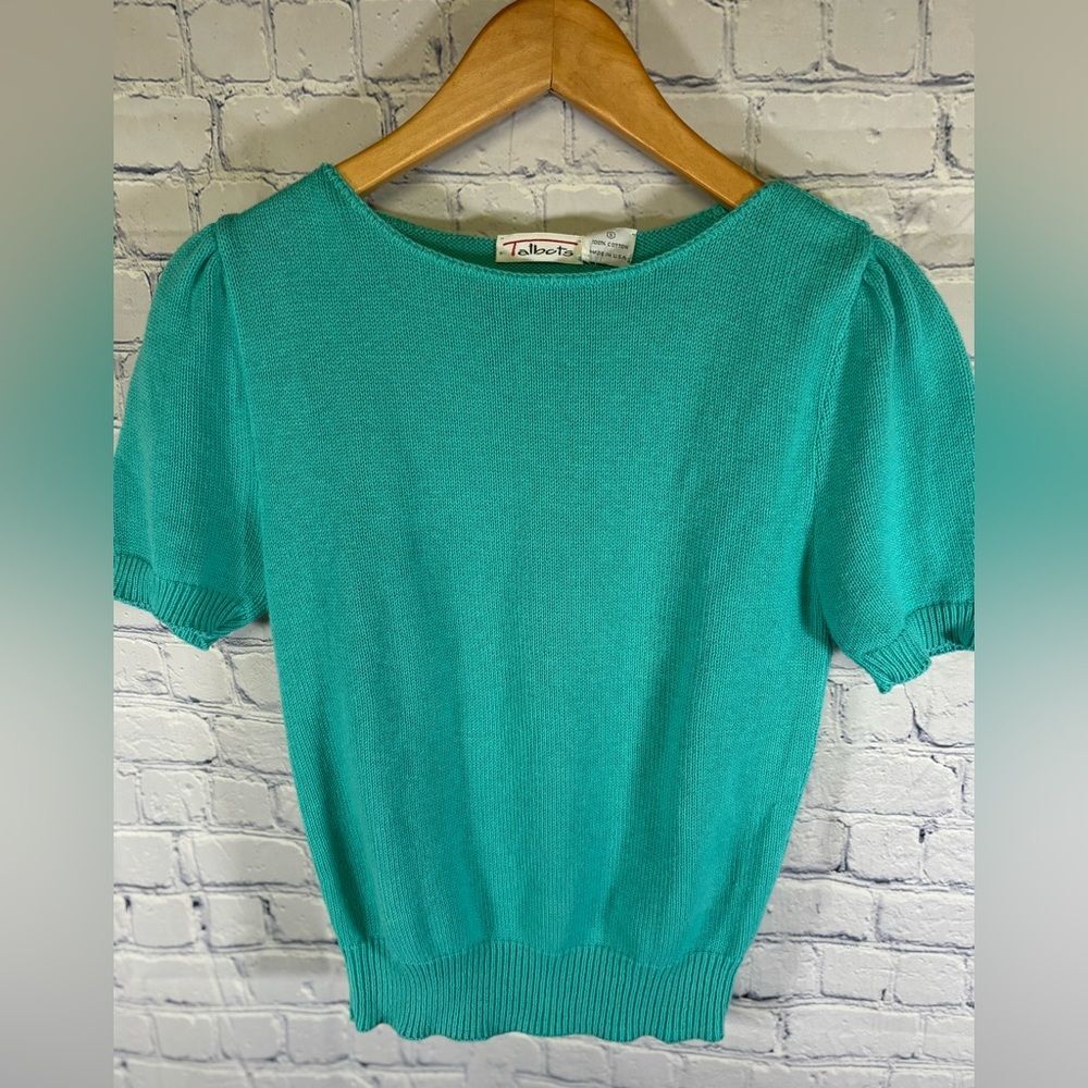 VINTAGE Talbots 90s Teal Blue Cotton Feminine Classic Short Sleeve Sweater S
